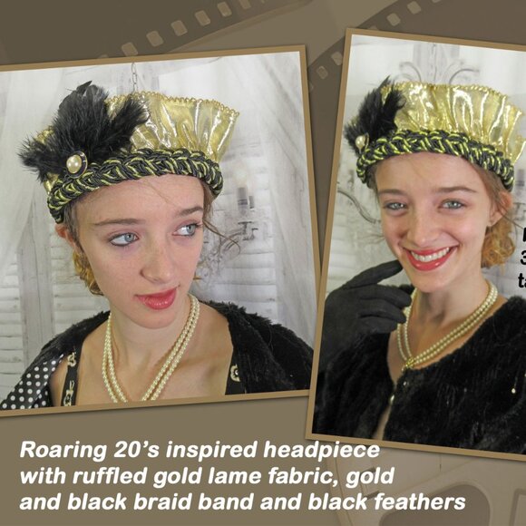 Flapper style softly ruffled gold lame fabric headband on black/gold braid band - Picture 1 of 15
